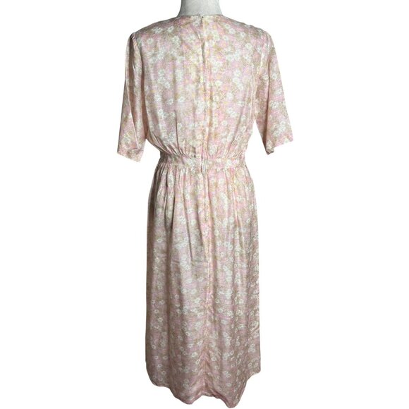 Vintage 50s Sheer Floral Day Dress Small Beige Pink Metal Zipper Short Sleeves - Picture 4 of 7